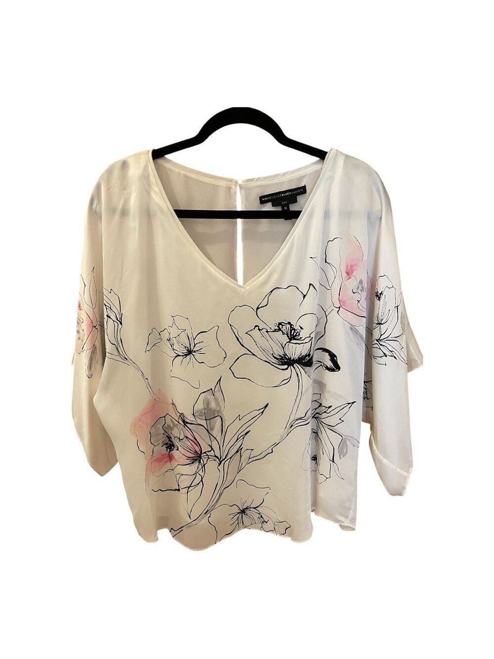 White House Black Market Silk Top, Size M, White w/Pink Hand-Drawn Flowers.